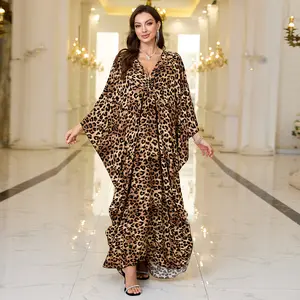 Bsubseach Women’s Leopard Print Ethnic Kaftan Dress Plus Size Swimsuit Cover Up Mrs Roper Kaftan Batwing Sleeve Maxi Dress for Beach Pool Loungewear