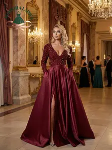 Spring Summer Women's Sequin Big Hem Sexy Long Evening Gown with Train for Banquet Prom Graduation Valentine's Day Birthday Wedding Guest Deep V Neck Long Sleeve Princess Dress