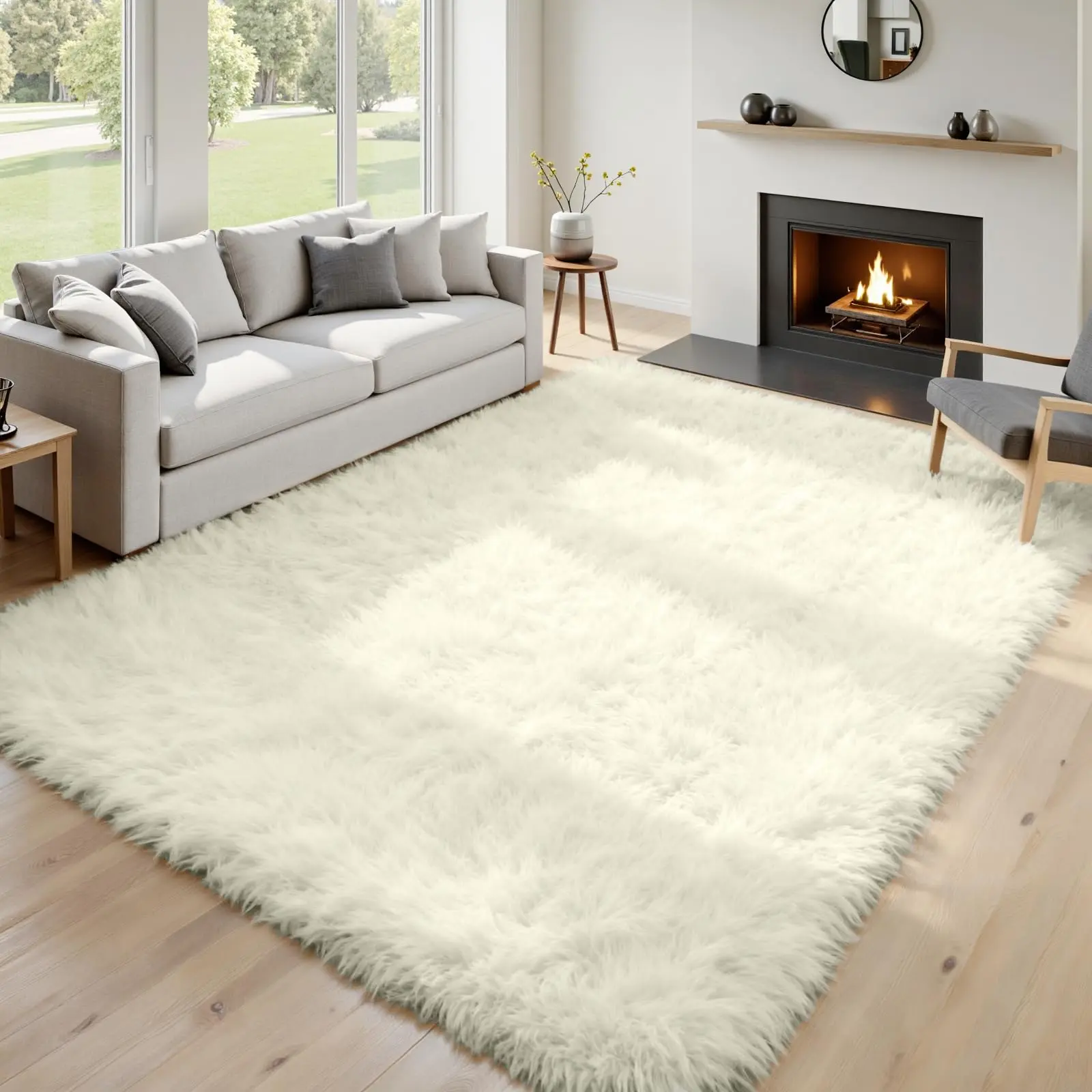 XEXSIN Soft Rectangle Traditional Rug - Upgrade Non-Slip Beige White Fluffy Shag, Durable Fade-Resistant Indoor Carpet for Bedroom, Kid Room Home Decor Aesthetic