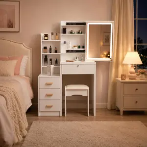 Small Space-Saving Makeup Vanity Table with 3-Color LED Hidden Mirror, Storage Cabinet, All-in-1 Beauty Station for Small Indoor Spaces