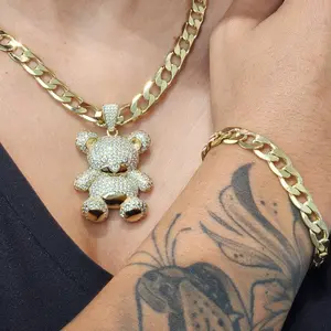 ViOrO 14K Gold Plated 8mm Cuban Link Chain with Bracelet and Zircon Bear Pendant for Dairy Use. Electro Laminated Premium Jewelry