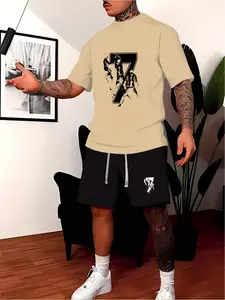 Men's Summer Fashion Casual Wear Short Sleeve Crewneck Shorts American Street Style Set Printed with Personalized "Cristiano Ronaldo No. 7 Silhouette" Print Pattern Summer Personalized Two Piece Set Menswear Clothes