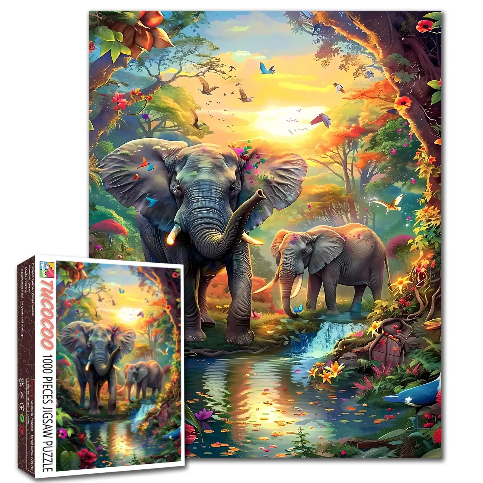 Tucocoo 1000-Piece Jungle Elephants Nature Jigsaw Puzzle, Recycled Stress-Relief Brain Training Game, 27.56x19.69in (70x50cm) Gift for Birthdays/Graduations, Frame It as Decor