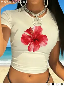 Women's Red Hibiscus Flower Print Crop Top, Casual Slim Fit Short Sleeve Tee, Tropical Floral Graphic T-Shirt for Streetwear, Daily Wear, Beach Vacation & Summer Outfits