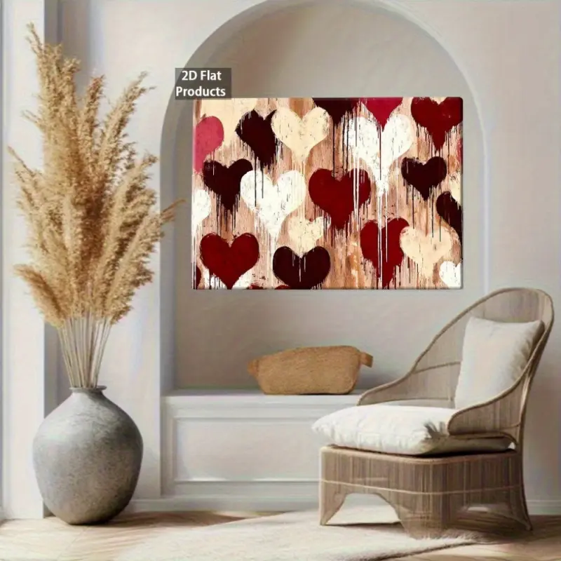 2D flat wooden picture frame| Valentine's Day theme pattern, featuring a burgundy heart-shaped design| Ideal wall art for living room, office, and entryway| Artwork, pine wood picture frame, packaging