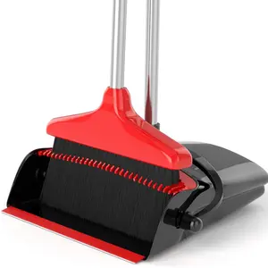 Broom with Dustpan Combo Set 54" Long Handle Adjustable Length Stainless Steel Broomstick  for Office Home Kitchen Cleaning (Red and Black) Bristle