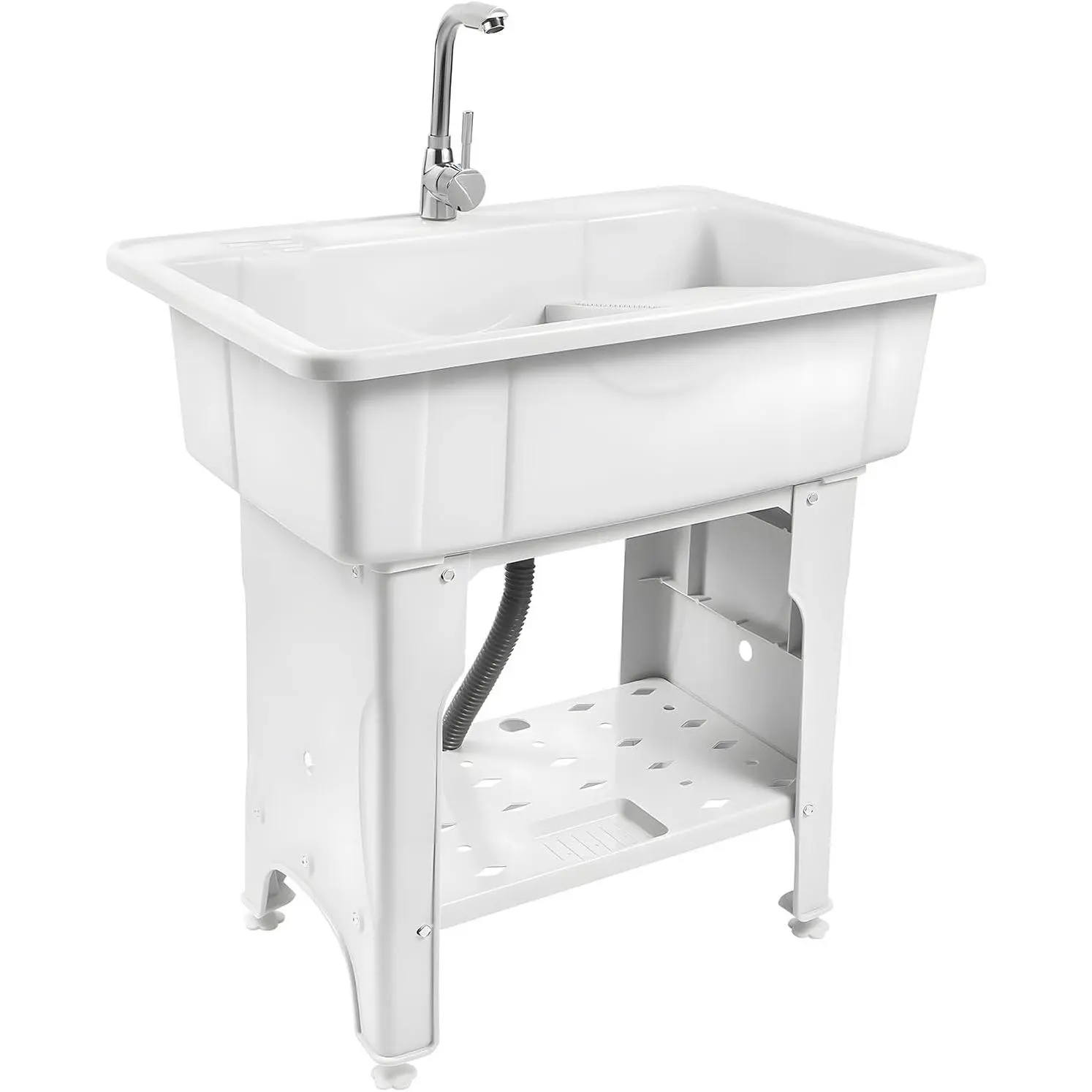 Utility Sink Laundry Tub, Freestanding Utility Sink,With Hot and Cold Faucet, Valves Drain Pipe, Heavy Duty Slop Sinks For Washing Room, Basement, Garage or Shop, Large Free Standing Wash (White)