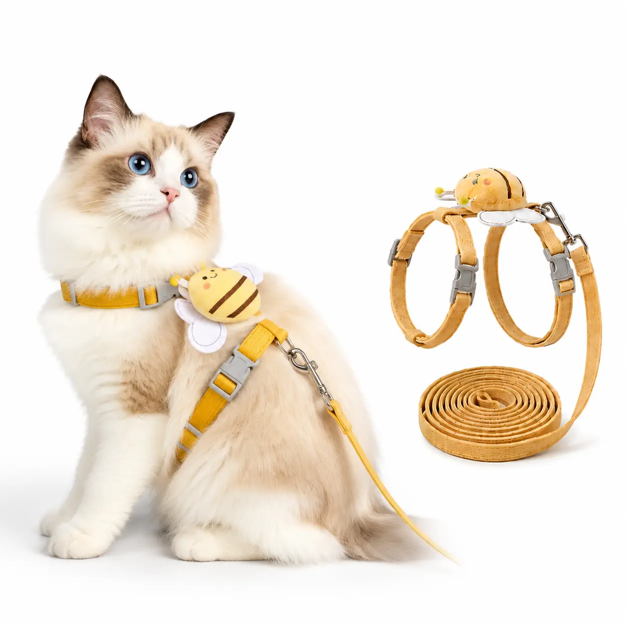 Bee Motif Dog & Cat Harness and Leash Set - Escape-Proof No-Pull Soft & Lightweight Pet Vest with Secure Buckle, Chew-Resistant Corduroy Collar & Lead for Small, Medium, Large Pets, Puppies for Safe Walks