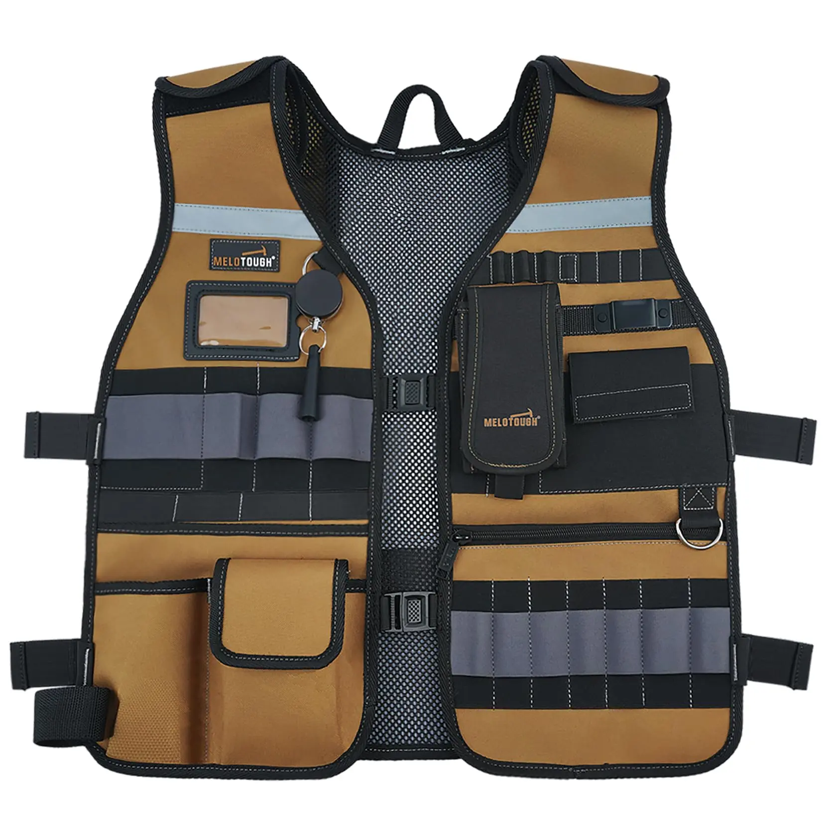 MELOTOUGH Reflective Safety Tool Vest - Work Safety Equipment with Adjustable Straps, Removable Phone Holder, Reflective Strips for Electricians, Ironworkers, HVAC Technicians, Carpentry Professionals