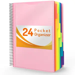 24 Pocket Project Organizer,  1/3-cut Tab Binder Organizer with Sticky Labels, Multi Pocket Folder with Zipper Pouch, Folder Binder Spiral Pocket Notebook, Office Supplies, Letter Size, Blush