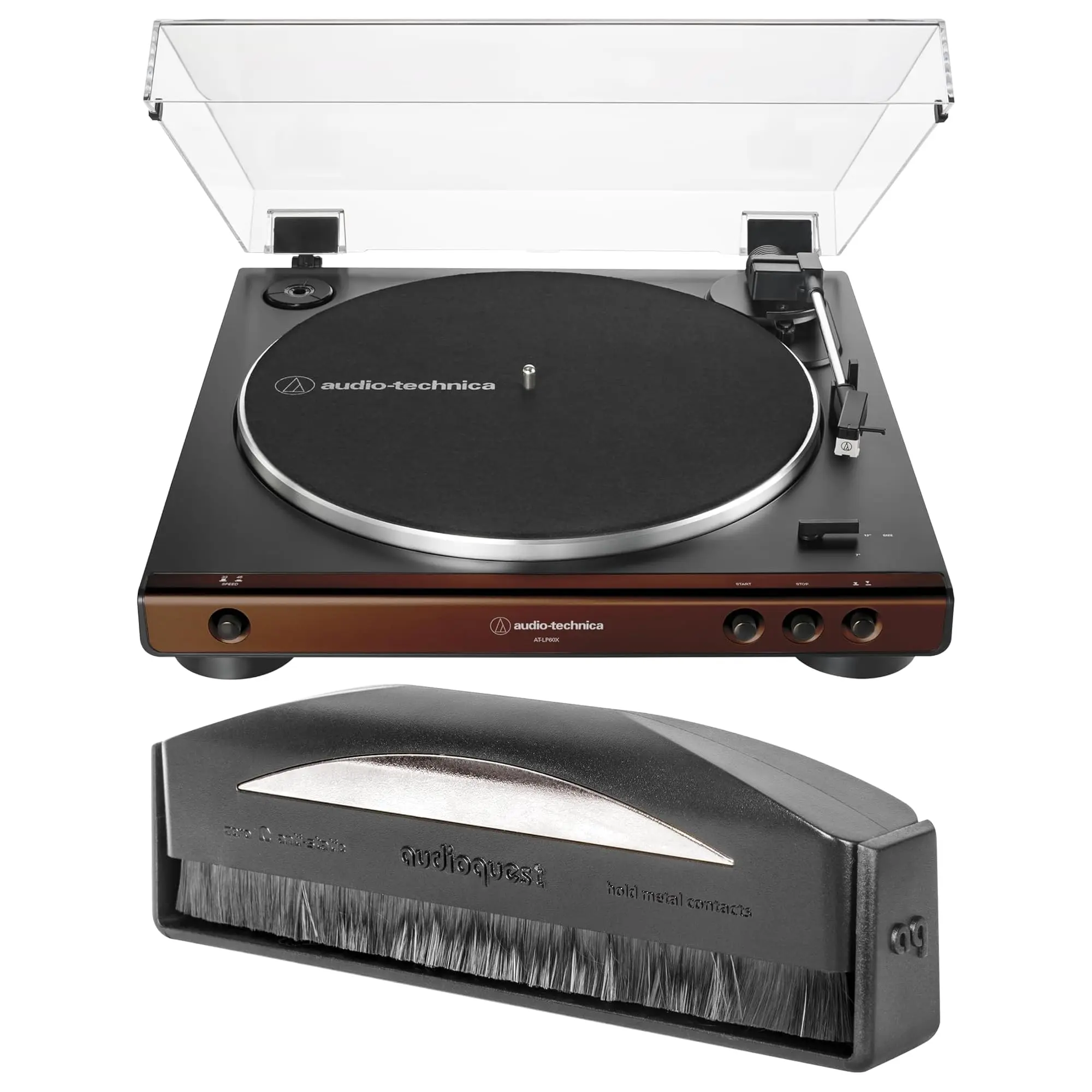 Audio-Technica AT-LP60X-BW Fully Automatic 2-Speed Belt-Drive Turntable for Vinyl Records with Music Playback, Bundled with AudioQuest AQSLVRRECBRUSH Silver Anti-Static Record Brush (2018 Auto Speed Function)