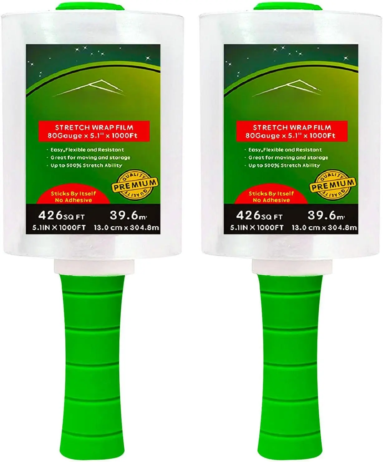 2-Pack Industrial Mini Clear Stretch Wrap Film 80 Gauge 5.1" 1000ft for Pallet Wrap with Plastic Handle,Durable Self-Adhering Packing,Moving,Packaging,Heavy Duty Shrink Film