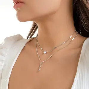 Stackable Clavicle Necklace for Women, Minimalist Dainty Titanium Steel & Cubic Zirconia Chain, Hypoallergenic Everyday Jewelry Gift for Her Birthday Graduation Valentine's Day
