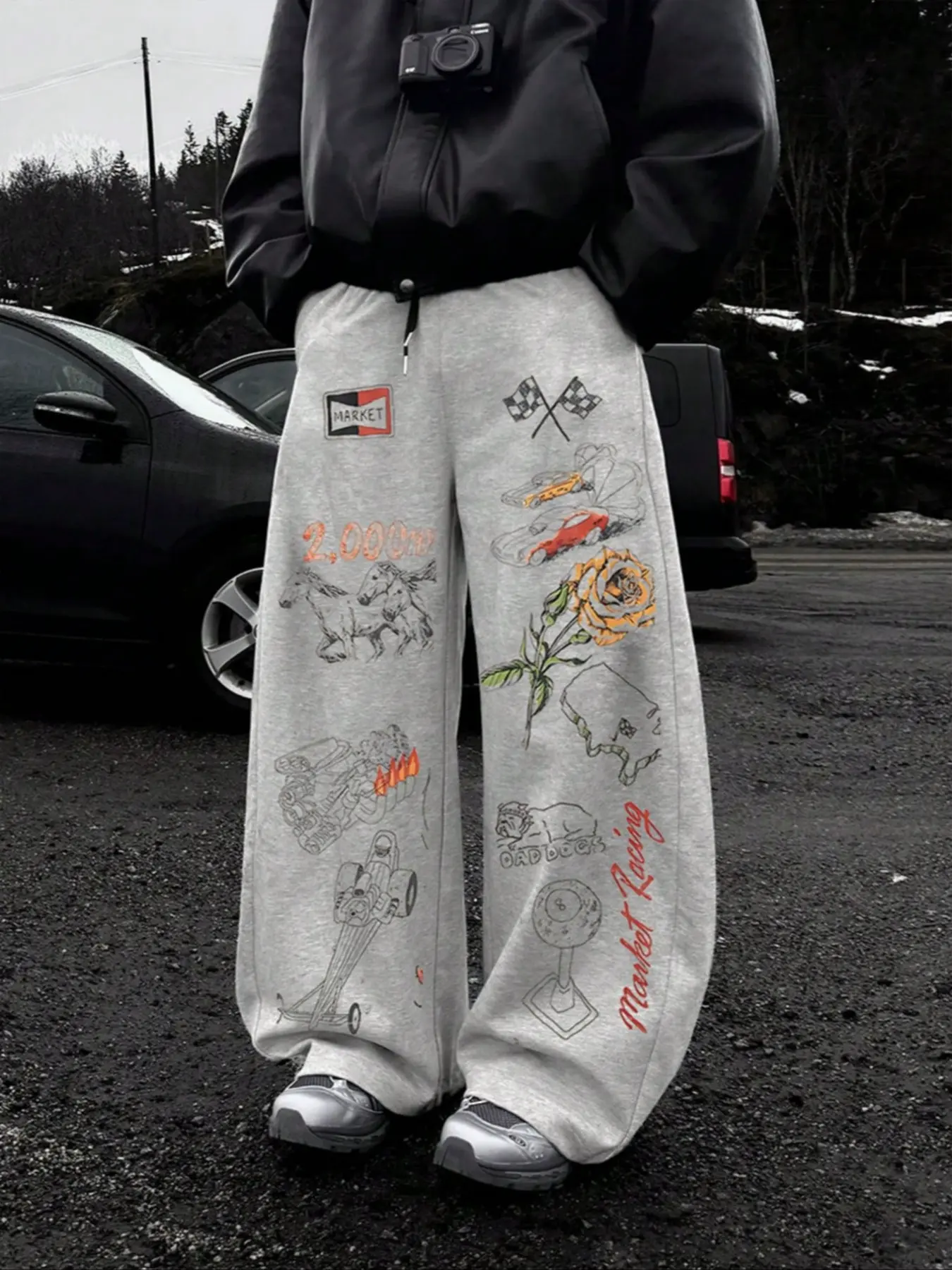 Unisex Streetwear Y2K Graffiti Print Jogger Pants, Loose Fit Woven Fabric, Fall & Winter Casual Wear, Trendy for Men