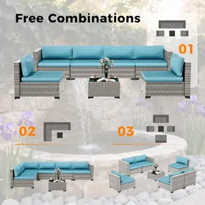 [2 packages delivery]7-Seat Modular Patio Furniture Set – Outdoor Wicker Sectional Sofa with Thick 4″ Cushions, Dual-Strand PE Rattan, Rust-Resistant 18 mm Steel Frame, Backyard Garden Deck Lounge, Patio Furniture Sets, Outdoor Furniture Set, Easy Assembl
