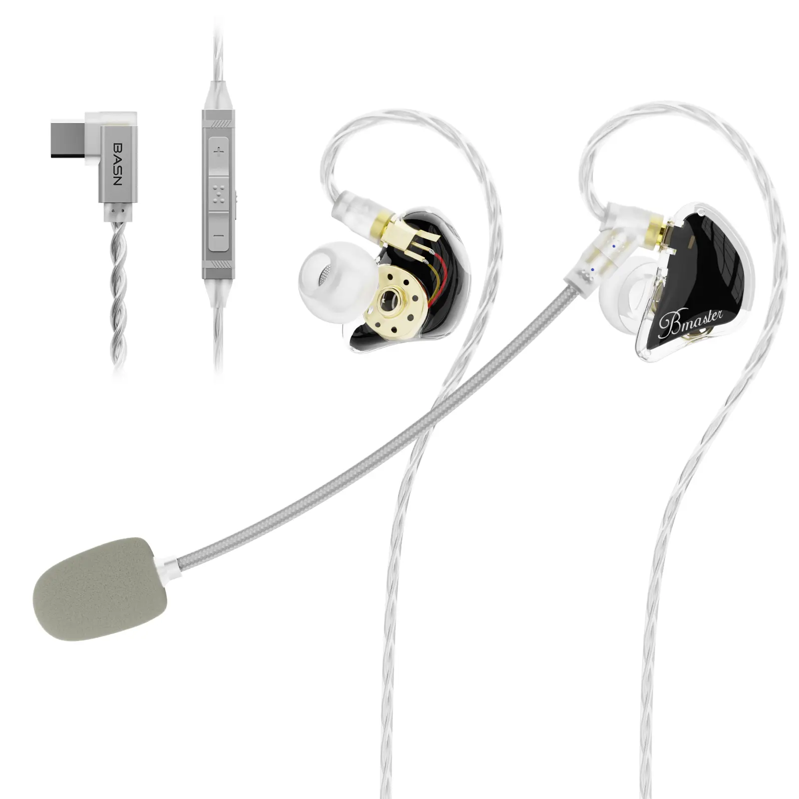 BASN Bmaster GC Triple Drivers in Ear Gaming Earbuds with Mic, Black | 2DD+1BA Noise Isolating IEMs with Detachable Boom Mic/in-line mic, MMCX Sliver-Plated USB-C Cables for Gamers (1.3m)
