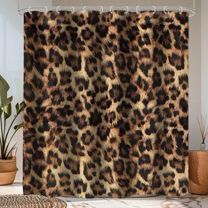 Leopard Print Shower Curtain Wild Safari Skin Red Pink Pattern Powerful Cheetah Cat Panthera Black Brown Fur Wildlife Waterproof Bathroom Home Decor with Hooks