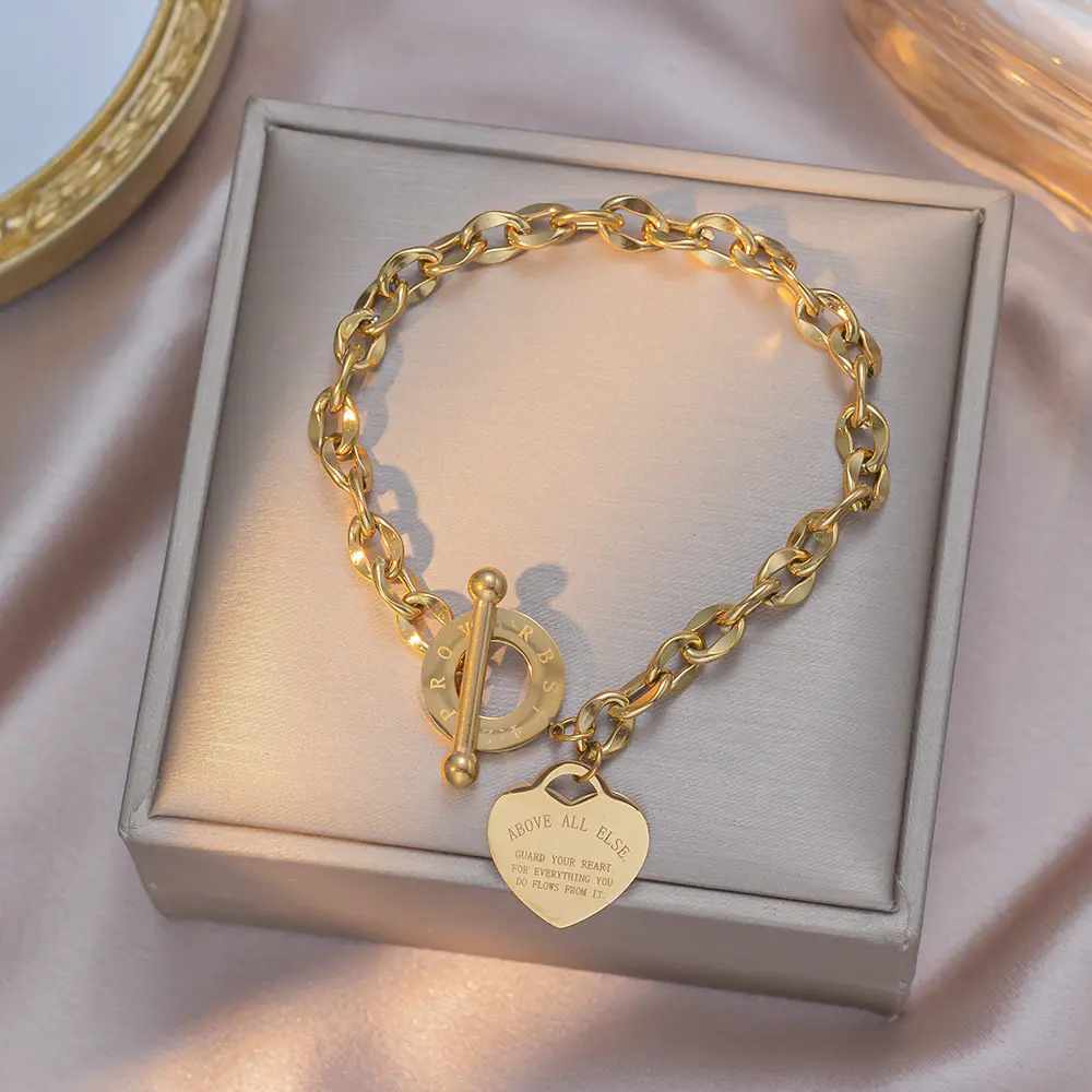 Engraved Charm Bracelet with Toggle Clasp, Gold/Silver/Rose Gold Plated Heart Chain for Couples, Faith-Based Proverbs 4:23 Bible Verse Jewelry, His And Hers, Couple Jewelry, Engraved Inscription Bracelets & Bangles, Chain Jewelry Bracelets & Bangles