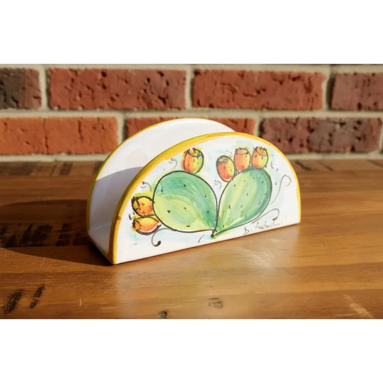 Glossy Yellow Italian Prickly Pear Cactus Themed Ceramic Napkin Holder - 5.5" L, 3" H, 9.5 oz Collectible Cultural Pottery Wedding Gift for Tabletop Kitchen Islands, Mediterranean