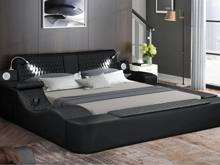 Matrix Furniture Zoya Black Faux Leather Modern Queen Bed with Massage Lounge, Bluetooth Speakers, Reading Lights, Nightlight, USB Port, Flip-Up Storage - 88" W × 102" D × 36" H