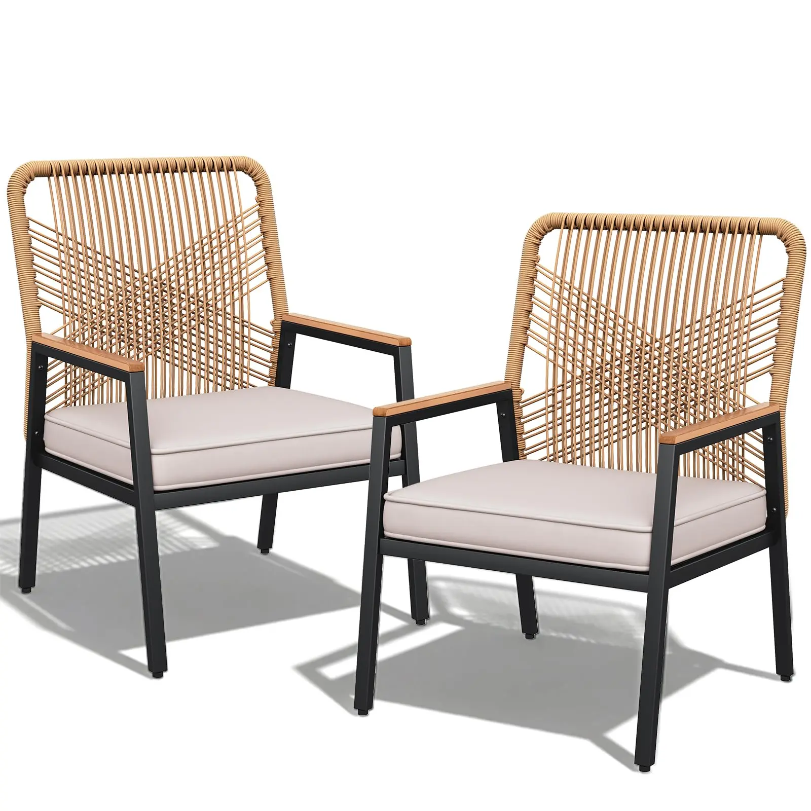 LIFERUN 2-Piece Outdoor Rattan Patio Armchairs Set, 21 in Wide Seats with Ergonomic Curved Backrests, 3.15 in Thick Cushions and WPC Armrests, Comfortable Wicker Chairs for Balcony, Porch, Backyard, Garden, Deck and Mother's Day Gift Home Makeover