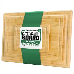 FRESHWARE Bamboo Cutting Board Set of 3 - Eco-Friendly Material, Stylish Kitchen Chopping Boards with Juice Grooves, Easy Grip Handles, for Meat, Veggie, Fruit, Cheese, Knives (9x6", 12x8", 15x10")