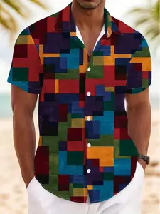 New Summer Men's Short Sleeve Shirt, Vintage Colorful Square Geometric Print, Casual Breathable Beach Holiday Hawaiian Shirt