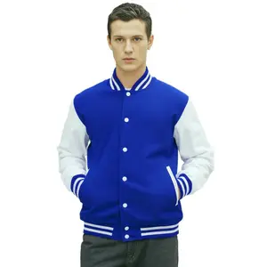 Deckra Men's Genuine Leather Longsleeves Varsity Jacket - Plain Wool Body, Button Front, Mobile Pocket, Blue/White Casual Mens Top & Coat