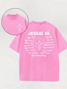 Cross, Jesus, God, religious belief, 230g high-quality double-sided printed T-shirt with round neck and short sleeves, vintage washed, everyday, casual, 100% cotton, round neck, loose fit. old picture