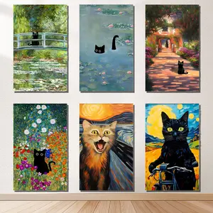 Cat & Bathroom Pattern Canvas Painting,Aesthetic Cat Poster Vintage Posters Canvas Wall Art Funny Water Lilies Cat Posters Decor for Bedroom Bathroom Living Room