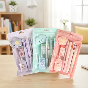 7-Piece Cute Pink Study Stationery Set — Mini Office Supplies Kit including a Ballpoint Pen, Pencil Sharpener, Highlighter, Correction Tape, Ruler, and Utility Knife — A Charming Stationery Gift Set Clip