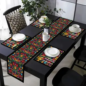 1/5/7 piece table runway and placemat set, Table Mats, featuring Mexican May 5th decorations and vivid floral patterns, suitable for holiday gatherings, Dinner, home kitchens, dining tables, living rooms, and daily indoor and outdoor use in households