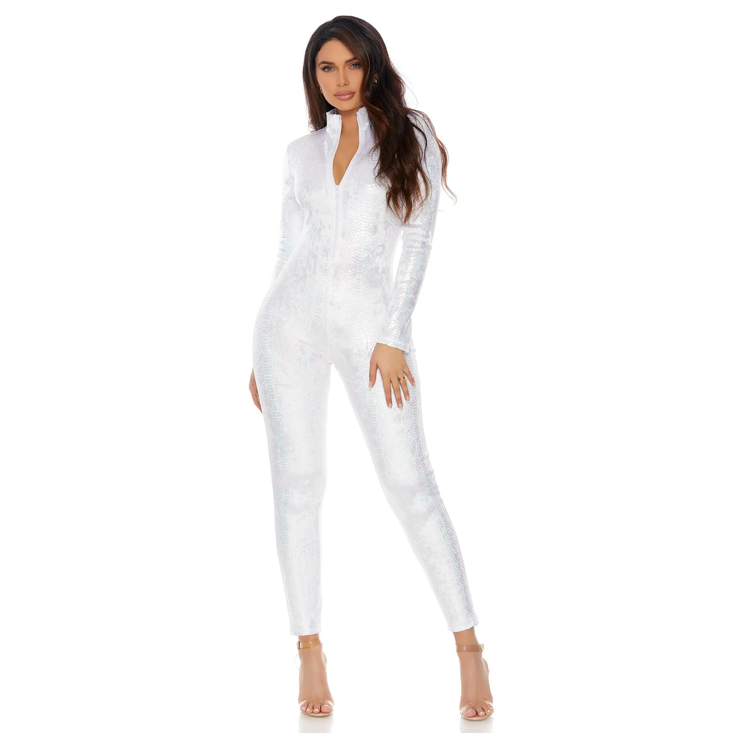 Adult Women's White Zip Front Reptile Jumpsuit - Captivating Costume for Event Wear & Womenswear
