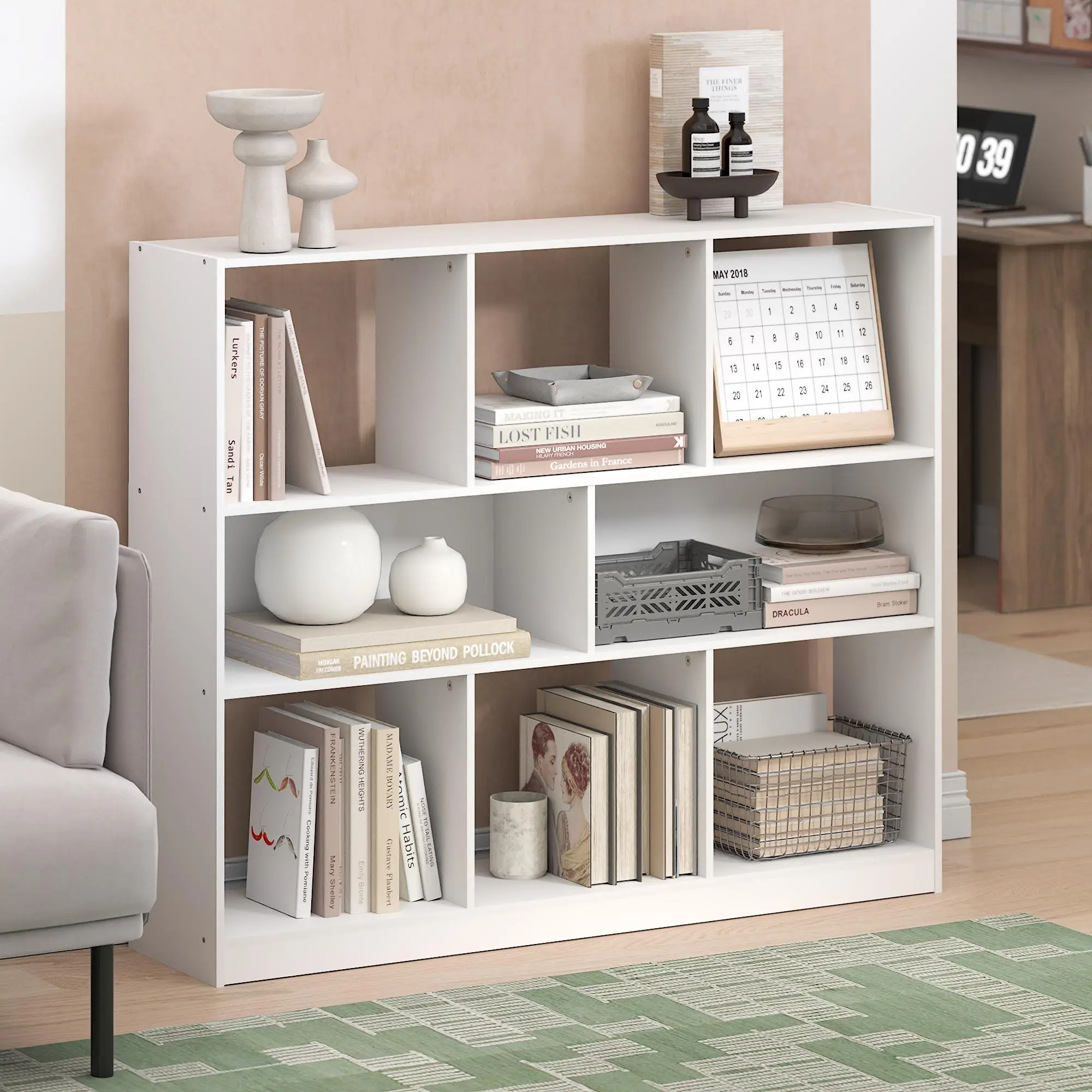 DALY Minimalist 8-Cube Engineered Wood Modern Bookshelf - Bookshelf Book Rack, Easy-Assembly Compact Horizontal Grid, Stable Panels, 30 lb Weight Support, 10.9x47.2x39.4in, Book Organization for Living Room, Home Office (Assembly Required)