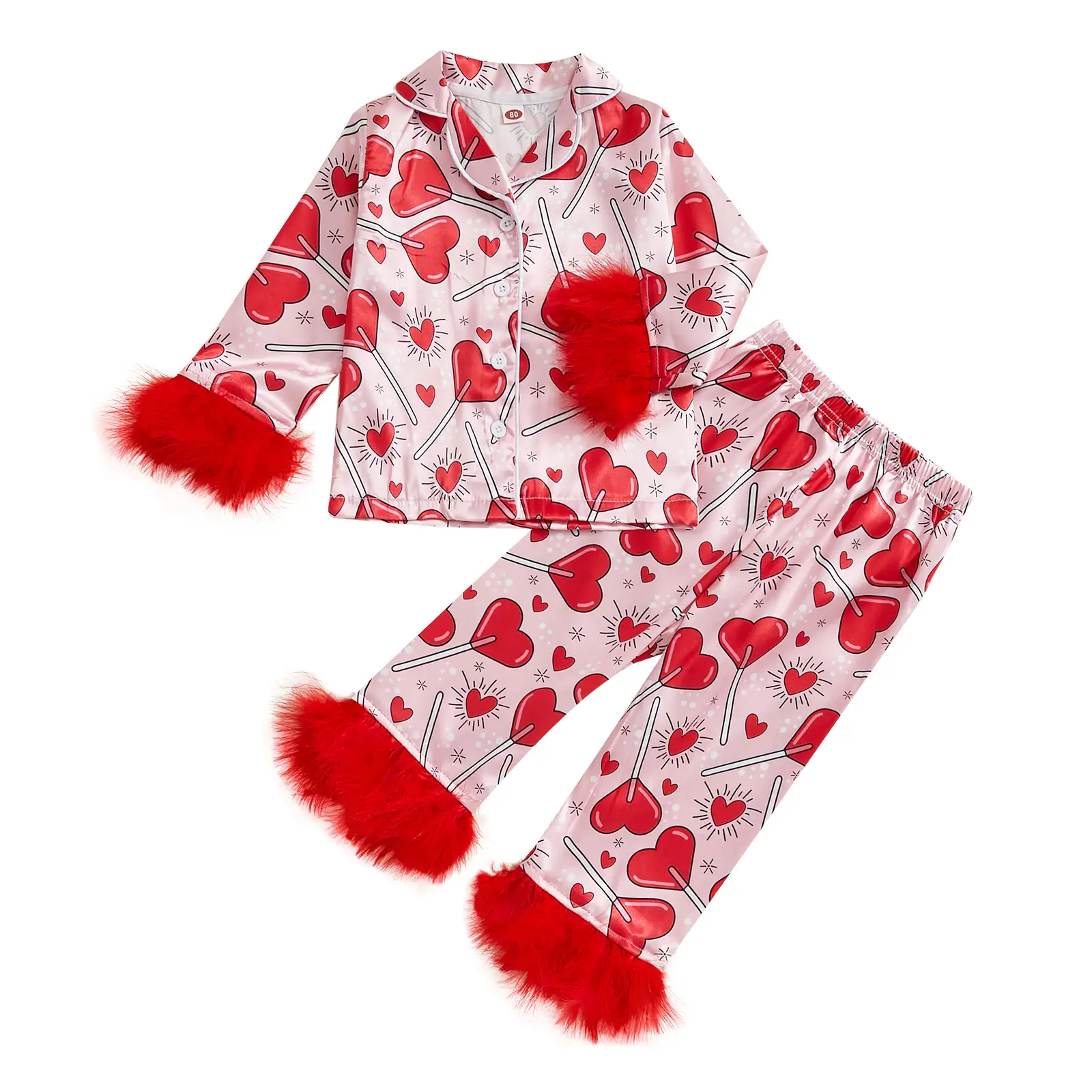 Toddler Baby Girls Valentines Day Stain Pajamas Set Feather Trim Heart Print Button Down Sleep Shirt Tops Bottoms Sleepwear Loungewear Set
