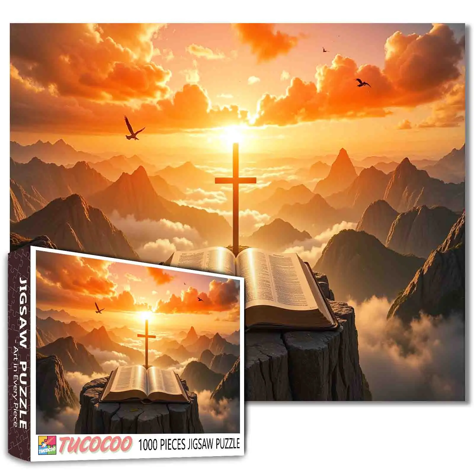 Tucocoo Sacred Sunset Cross 1000-Piece Jigsaw Puzzle, Glowing Sky Mountain Landscape, Screen Time Alternative, Relaxing Family Game, Stress Relief, Brain Exercise, 27.5x20in/70x50cm Wall Decor Gift for Adults