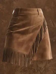 Women's Faux Suede Fringe Mini Skirt, Asymmetrical Hem Wrap Skirt, Western Cowgirl Retro Outfit, Ladies Casual Short Skirt, Womenswear, Bohemian Fringe Skirt for Party & Daily Wear