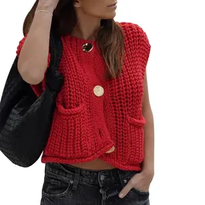 Women Fashion Knitted Vest Solid Color Button Front Crochet Sweater Cardigan Tanks Pockets Crop Top Knitwear Loose Fit Knit Vest Cute Sweater Vest Cropped Tank Top Summer Going Out Top Sleeveless Knitted Pullover Open Front Lightweight Cardigan