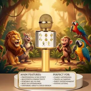 2026 Adjustable LED Karaoke Microphone for Kids & Adults  Bluetooth Singing Mic Echo Effect, Built-in Speaker Portable for Party Travel Gifts