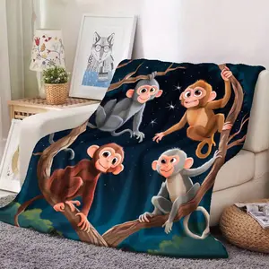 1pc of Super Soft Flannel Blanket, Three Monkeys on The Branch Design-warm, Suitable for All Seasons, Suitable for Camping, Sofa, Bed and Office-stylish Decoration and Ideal Gift, Machine Wash, White, Camping Blanket, Sofa Parabola, Joke Design, Soft