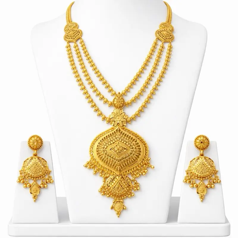 Indian Long Necklace Set with Intricate Gold Plated Design for Traditional Wear Includes Matching Earrings Ideal for Special Occasions