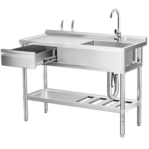 Stainless Steel Utility Sink, Free Standing Single Bowl Kitchen Sink Commercial Sink Set with Drawer Storage & Cold and Hot Water Pipe for Indoor and Outdoor Sink
