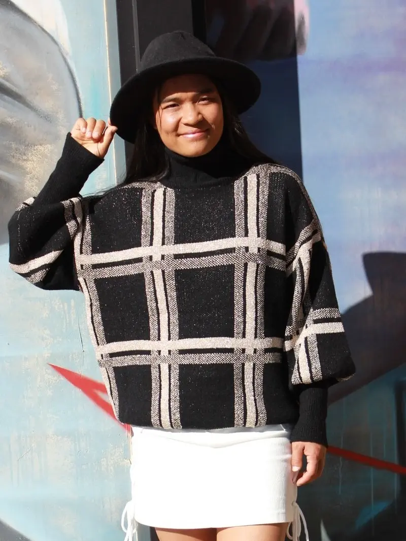 Keep Me Warm Gold Foil Checker Turtle Neck Sweater
