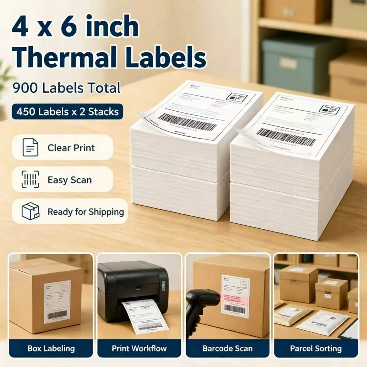 Thermal Tear-Off Foldable Auto-Adhesive Labels & Stickers, 4x6 in Blank Strong Sheets, 900-Count (450 Labels per Stack), Compatible with Zebra & All Major Thermal Printers, Cost-Saving for Office Address, Warehouse, Home Organization Use, Self Adhesive La