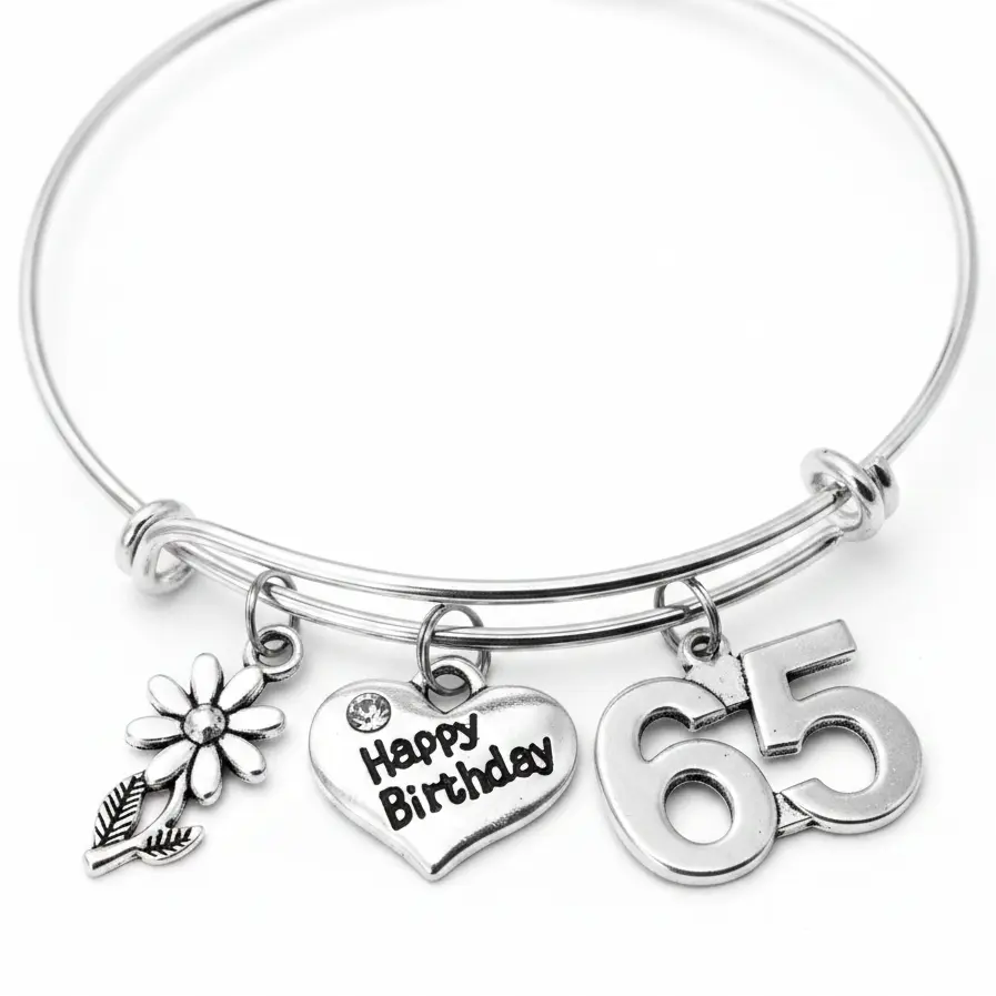 65th Birthday Charm Bracelet – Daisy, Happy Birthday & 65 Number Charm Bangle, Silver Adjustable Wire Bracelet Gift for Women