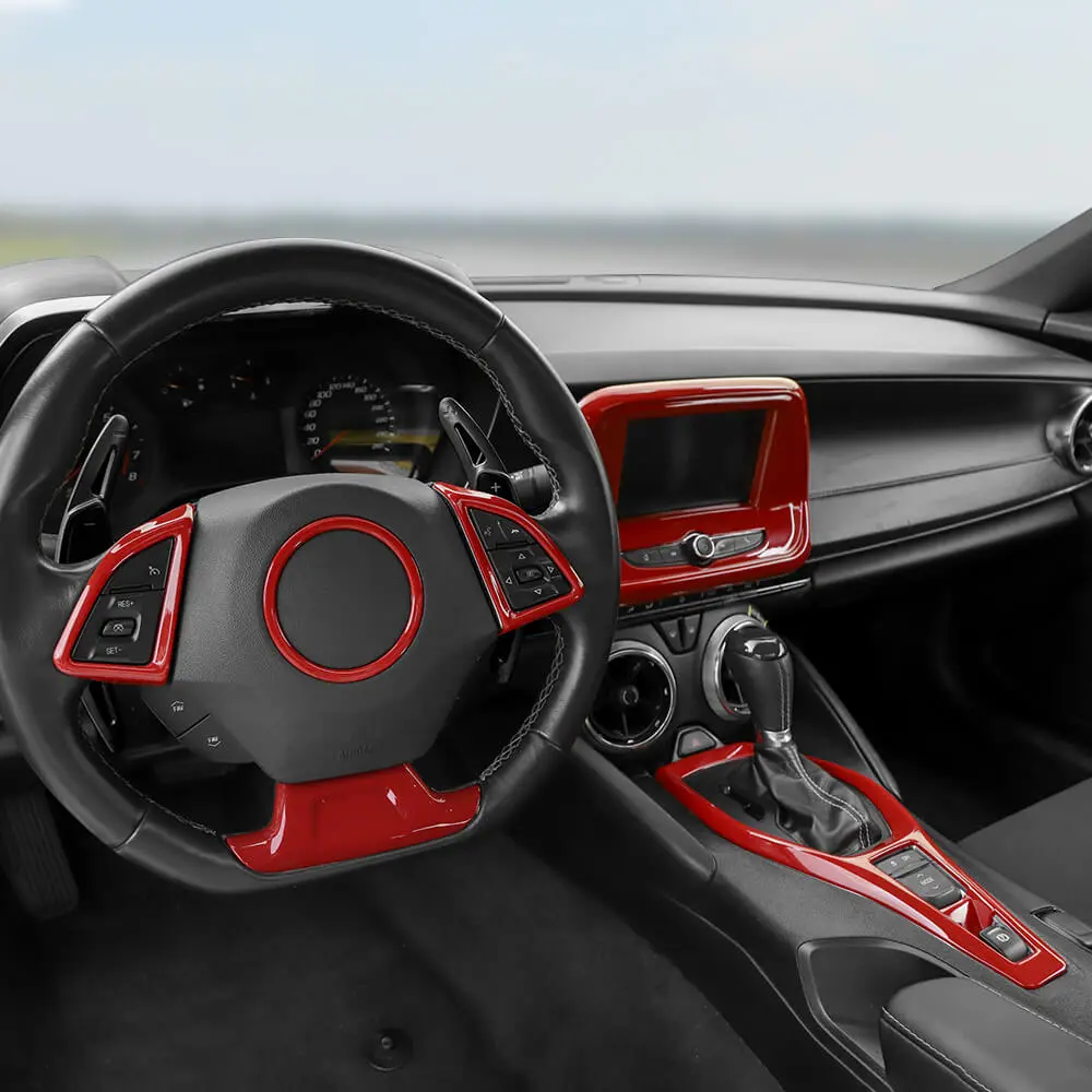 6-Item Automotive Decal Sticker Set for 2017+ Chevy Camaro, Car Interior Accessories - Steering Wheel, Gear Shift Panel, Large/Small GPS Screen Covers, Fade-Resist, Pre-Pasted, DIY Installation, Scratch-Proof