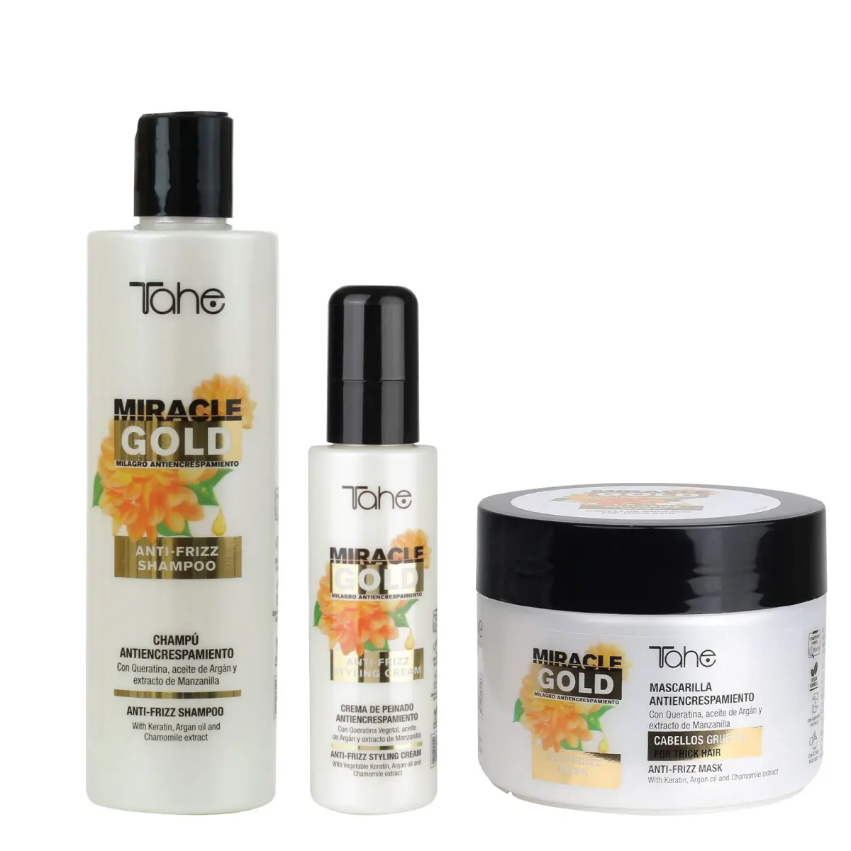 Tahe Miracle Gold Frizz Control Small Kit - Shampoo 300ml + Mask 300ml + Styling Cream 100ml (For Thick Hair)