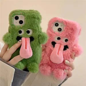 Cute Furry Monster Phone Case, 3D Tongue Design Plush Protective Cover for iPhone