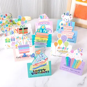 10pcs Hollow-Out Happy Birthday Greeting Cards, Cartoon Pattern Design, Various Styles - Cakes, Balloons, Candles, Hand-Writable Blessing Postcards, Birthday Party Gifts for Family and Friends