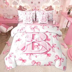 Kids Girls Cute Pink Bow Comforter Set with Sheets Personalized Initial B 7 Piece Bedding Set Monogrammed Bed in a Bag with Comforter,Sheets,Pillowcases Coquette Bow Modern Fashion